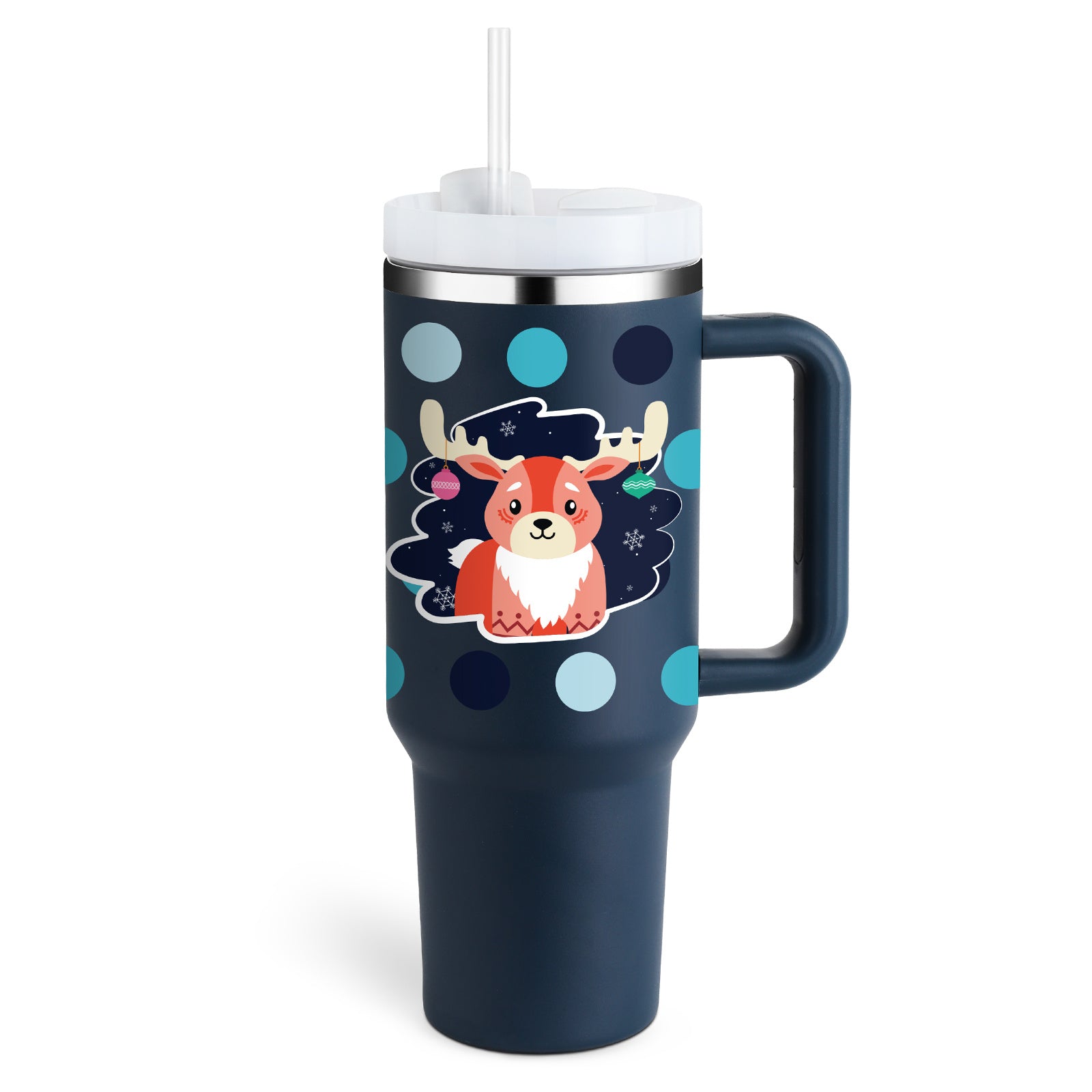 Arts And More insulated tumbler with handle featuring a reindeer design and polka dots with lid and straw