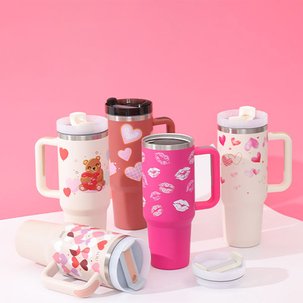 Arts And More insulated tumbler with handle featuring pink and white designs with hearts and bears