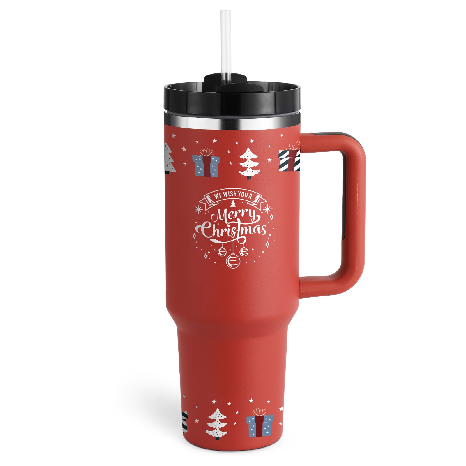 Arts And More insulated tumbler with handle in red holiday design with Merry Christmas text and straw