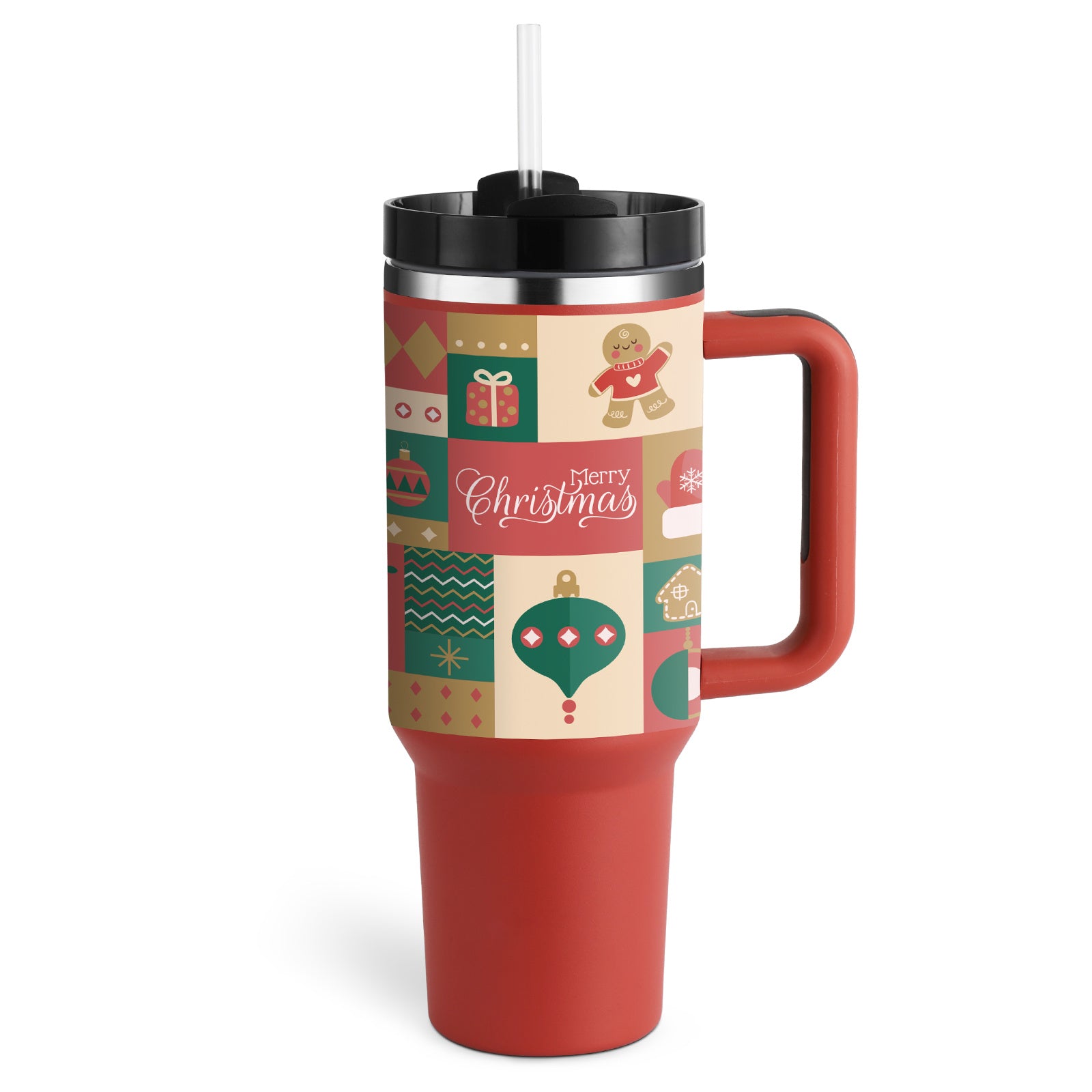Arts And More insulated tumbler with handle featuring Christmas-themed holiday design and straw