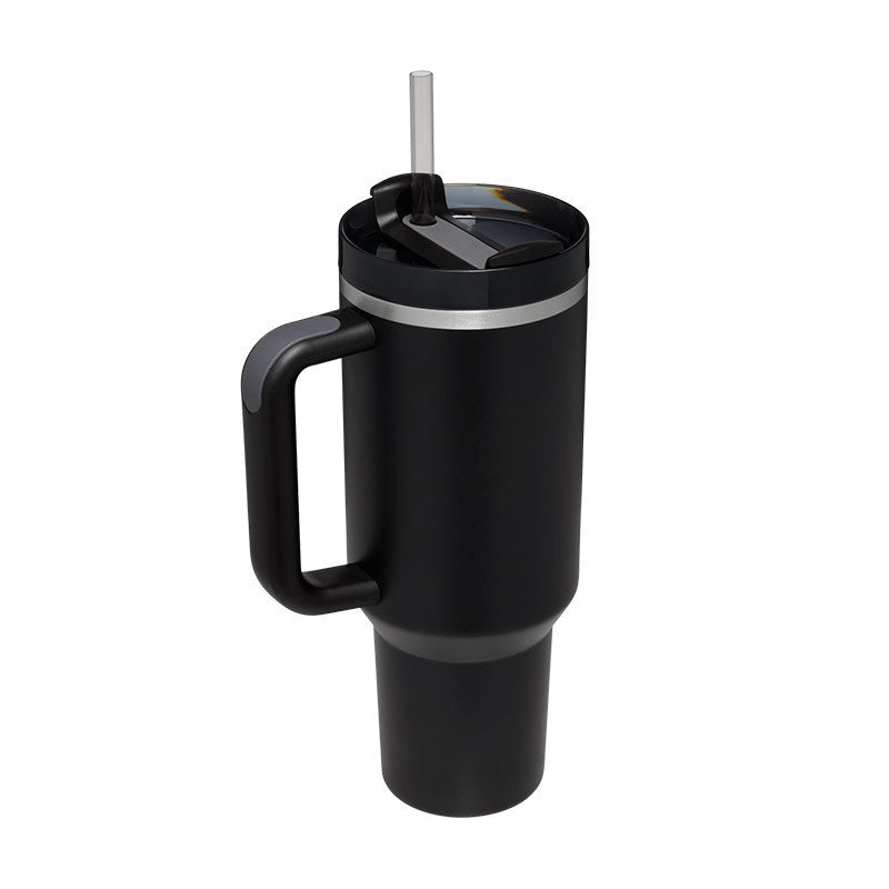 Black Arts And More insulated tumbler with handle featuring a clear straw and spill-resistant lid