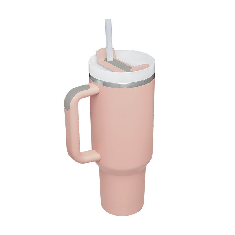 Arts And More pink insulated tumbler with handle and white lid with straw for kitchen use