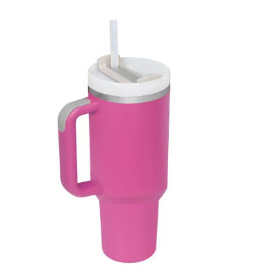 Pink Arts And More insulated tumbler with handle and white lid for hot and cold drinks