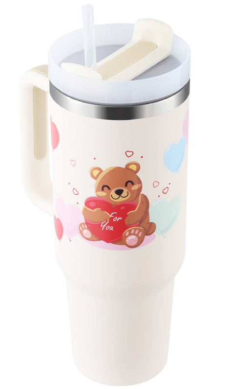 Arts And More Insulated Tumbler with Handle featuring a cute bear holding a heart design
