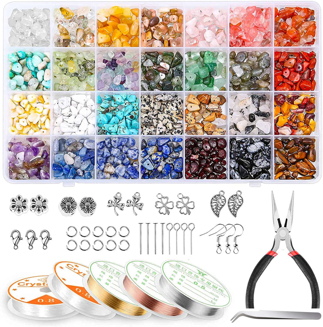 Jewelry Making Kit from Arts And More with colorful beads, metal charms, wire spools, and pliers for crafting