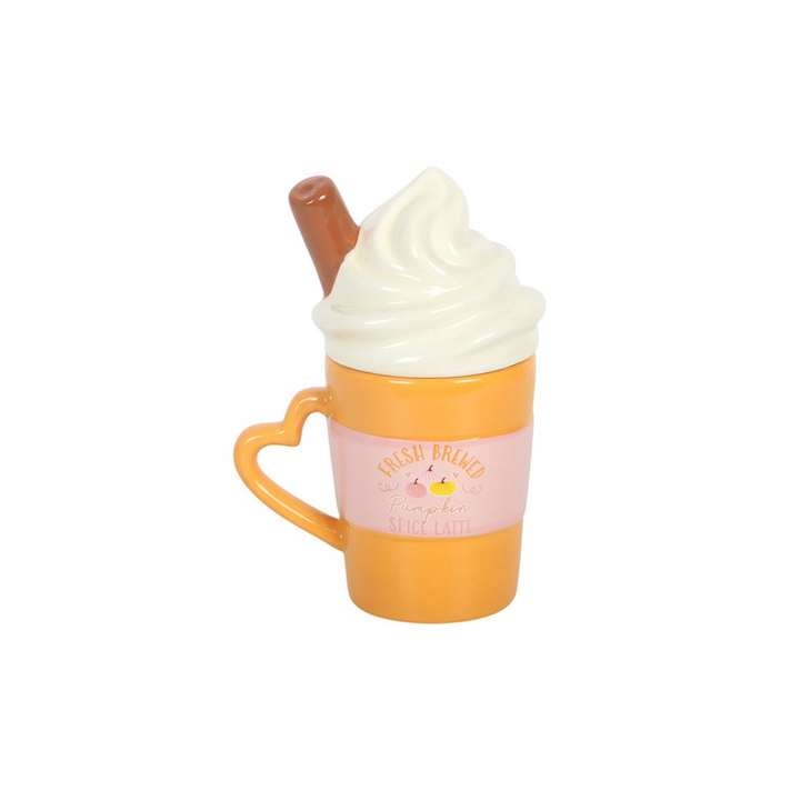 Lidded Mug shaped like a coffee cup with whipped cream and a cinnamon stick