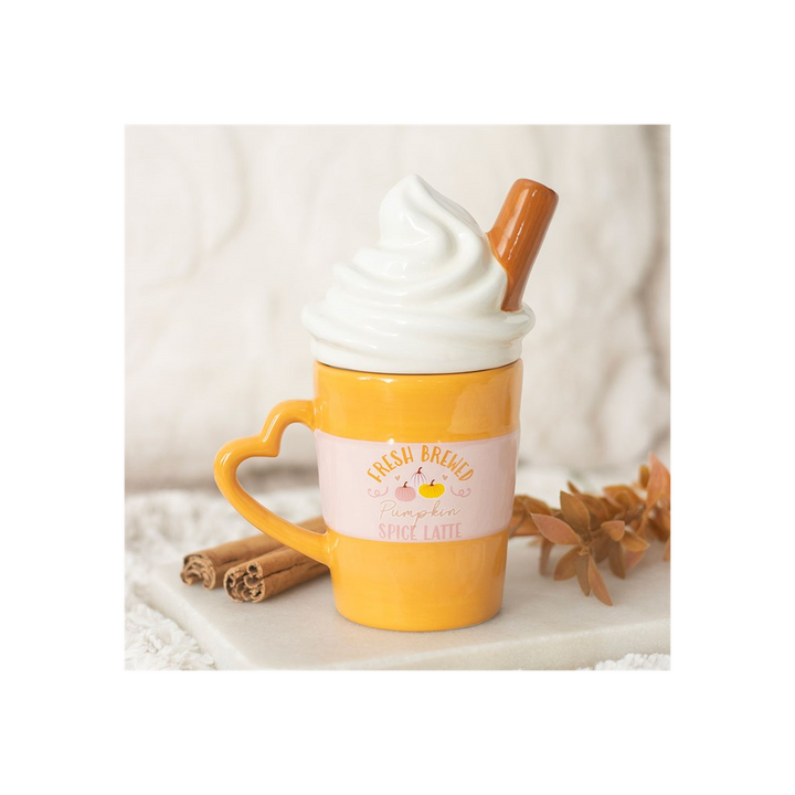Orange ceramic lidded mug with whipped cream and cinnamon stick design