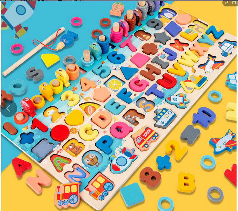 Kids DIY Kit featuring colorful wooden letters and numbers on a Logarithmic Board for educational play