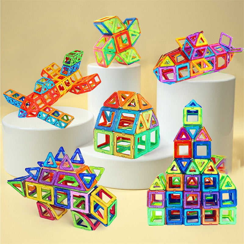 Colorful Magnetic Building Blocks DIY Kit for kids featuring various shapes and structures