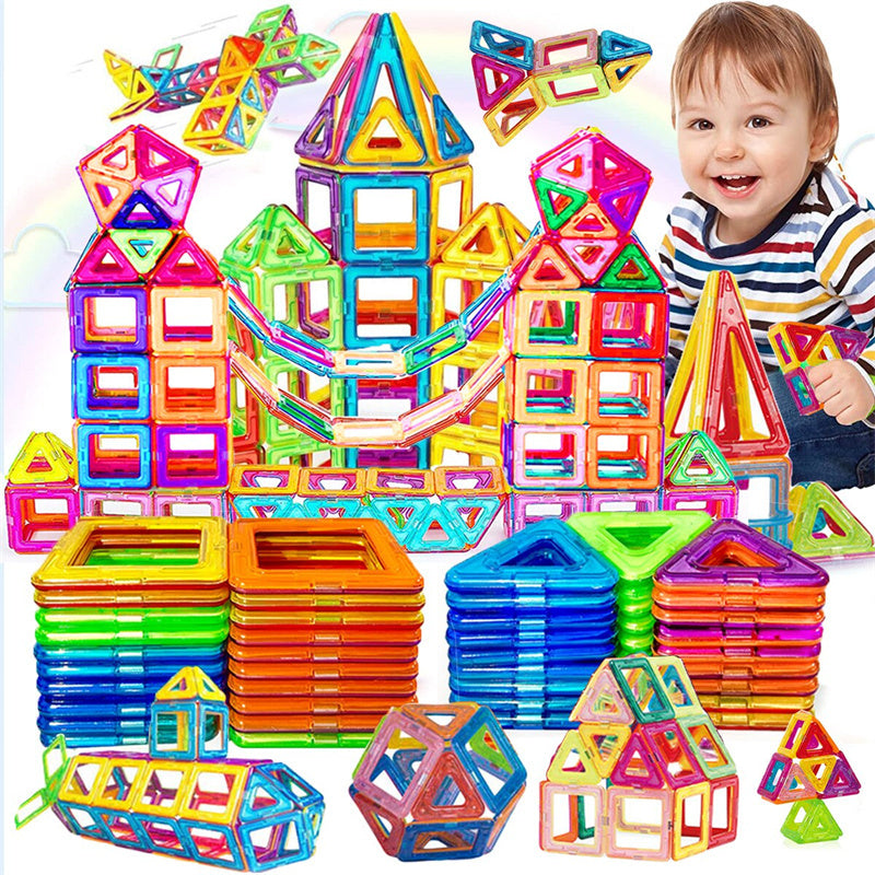 Colorful Magnetic Building Blocks set for kids featuring various shapes and a happy child building structures