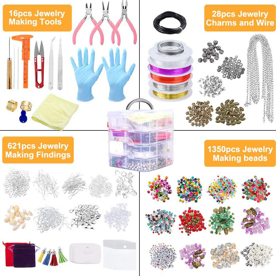 Materials Set for Bracelets with 16 jewelry tools, 28 charms and wire, 621 findings, and 1350 beads by Arts And More