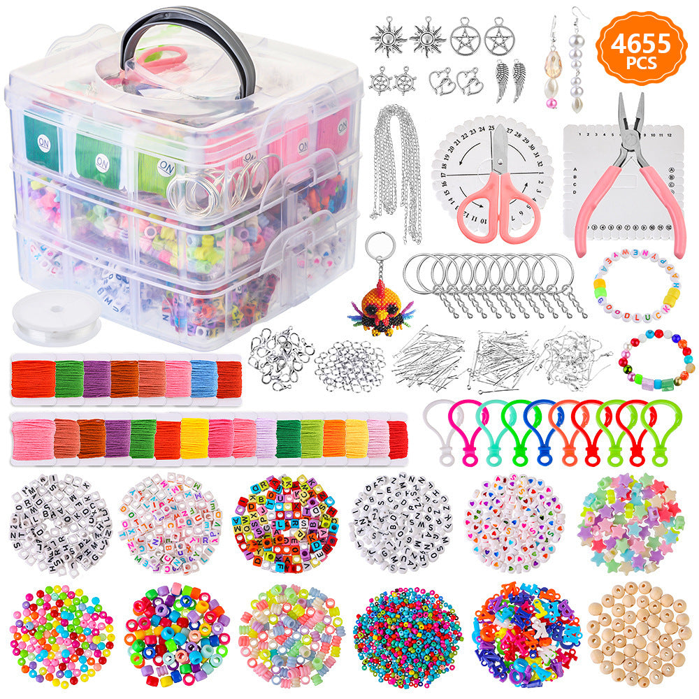 Materials Set for Bracelets with 4655 pieces including colorful beads, charms, scissors, pliers, and storage box