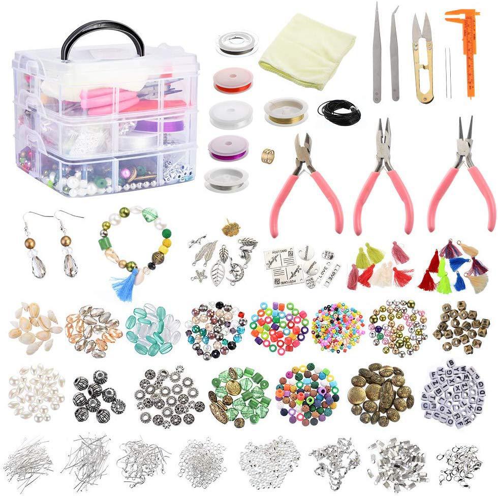 Materials Set for Bracelets with beads, pliers, tassels, tools, and storage box for jewelry making