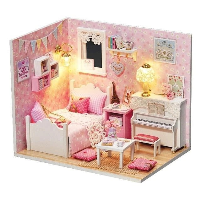 Arts And More Miniature Doll House Kit featuring a cozy pink bedroom with furniture and decor