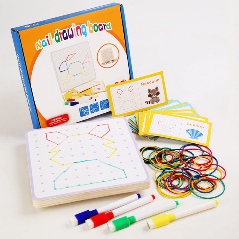Arts And More Kids DIY Nail Board Toy with colorful rubber bands, animal pattern cards, and markers