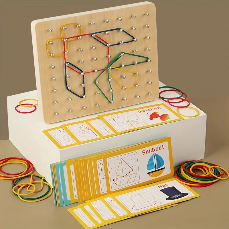 Arts And More kids DIY Nail Board Toy with wooden pegboard, colorful rubber bands, and design cards