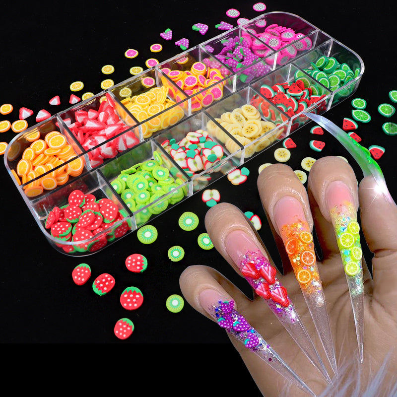 Colorful nail jewelry in a clear organizer for creative nail art designs and decorations
