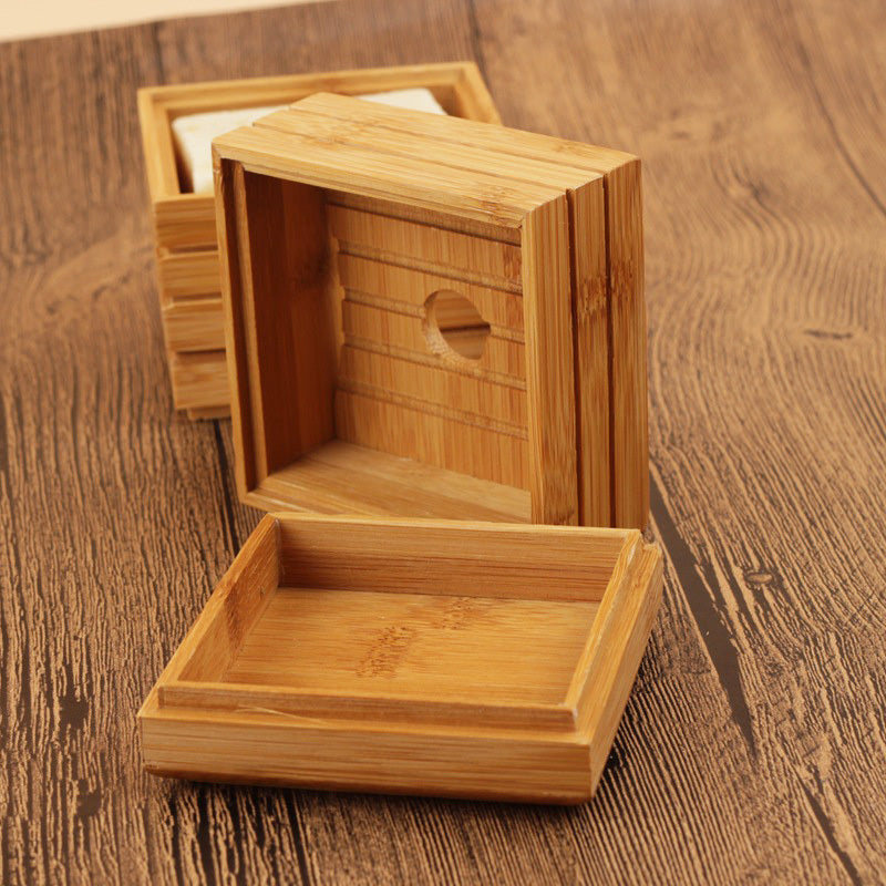Natural Lotus Soap Box made of bamboo wood with sliding lid on wooden surface by Arts And More