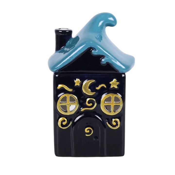 Ceramic house-shaped oil burner in black with teal roof