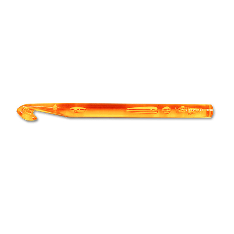 Orange plastic crochet hook from Arts And More Plastic Crochet Tool Set for crafting projects