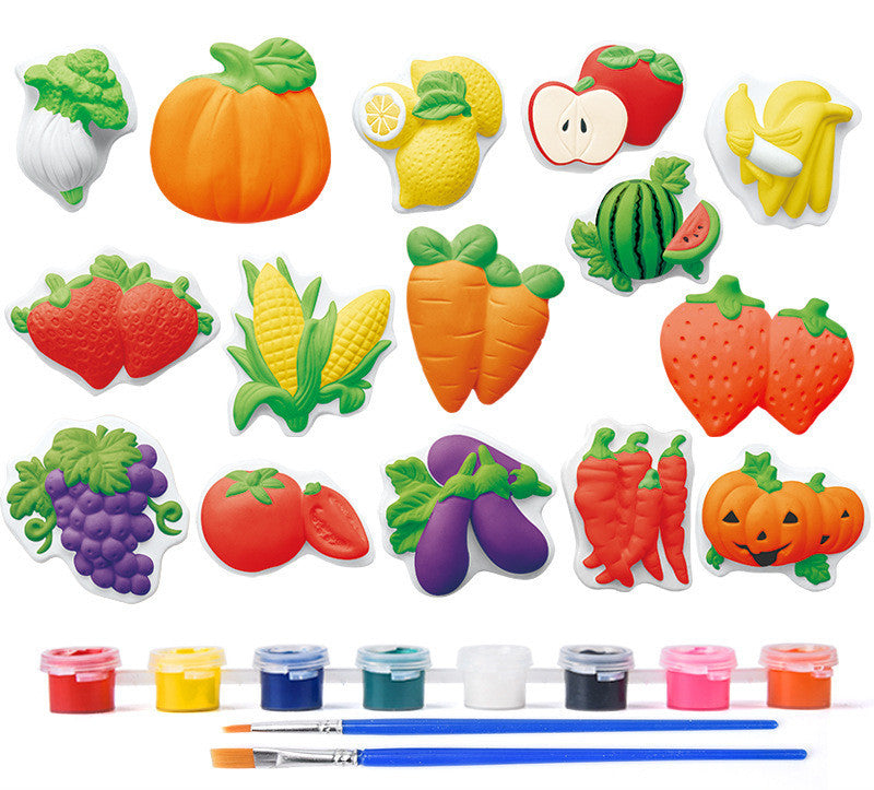 Arts And More Kids Painting DIY Kit with colorful fruit and vegetable designs and paint set with brushes
