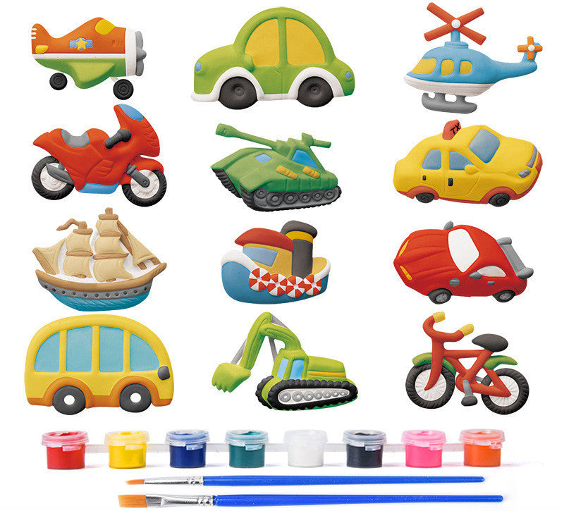 Kids’ Painting DIY Kit by Arts And More with colorful vehicle and transport models and paintbrushes