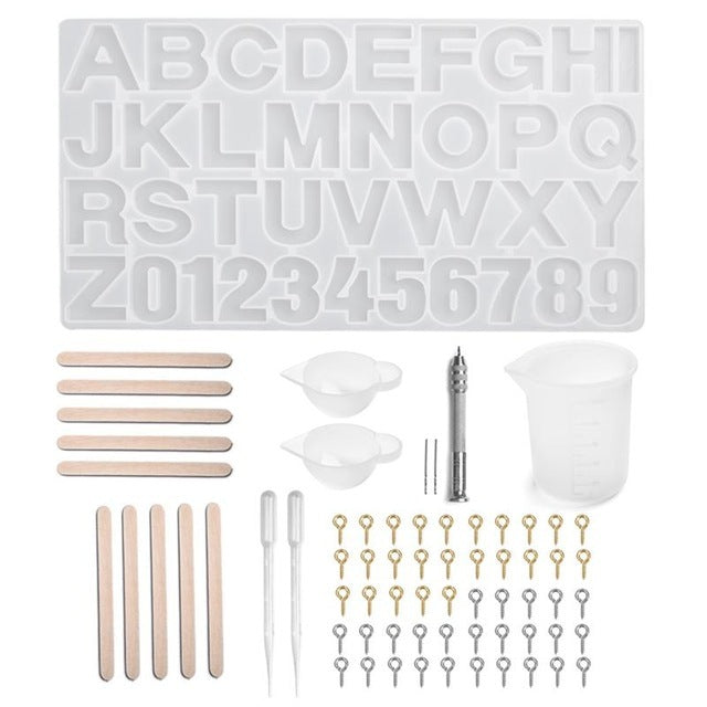 Arts And More Resin Jewelry Silicone Molds kit with alphabet and numbers molds plus crafting tools