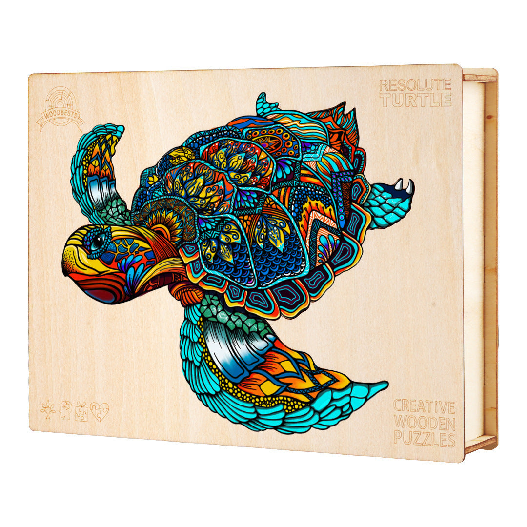 Arts And More Turtle Wooden Puzzle featuring a colorful, intricately designed wooden turtle piece set