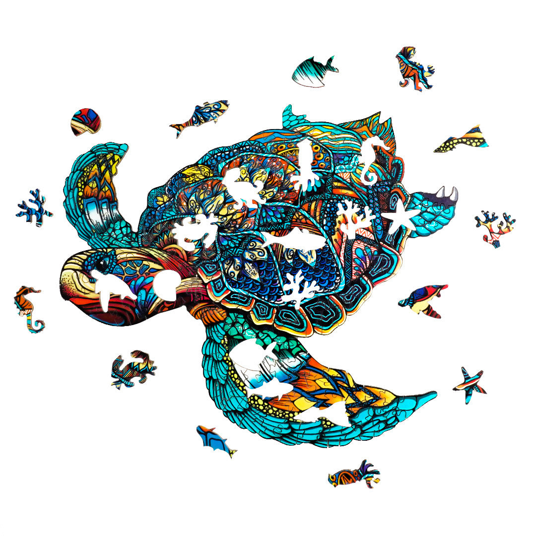 Colorful Turtle Wooden Puzzle with intricate sea creature-shaped pieces by Arts And More