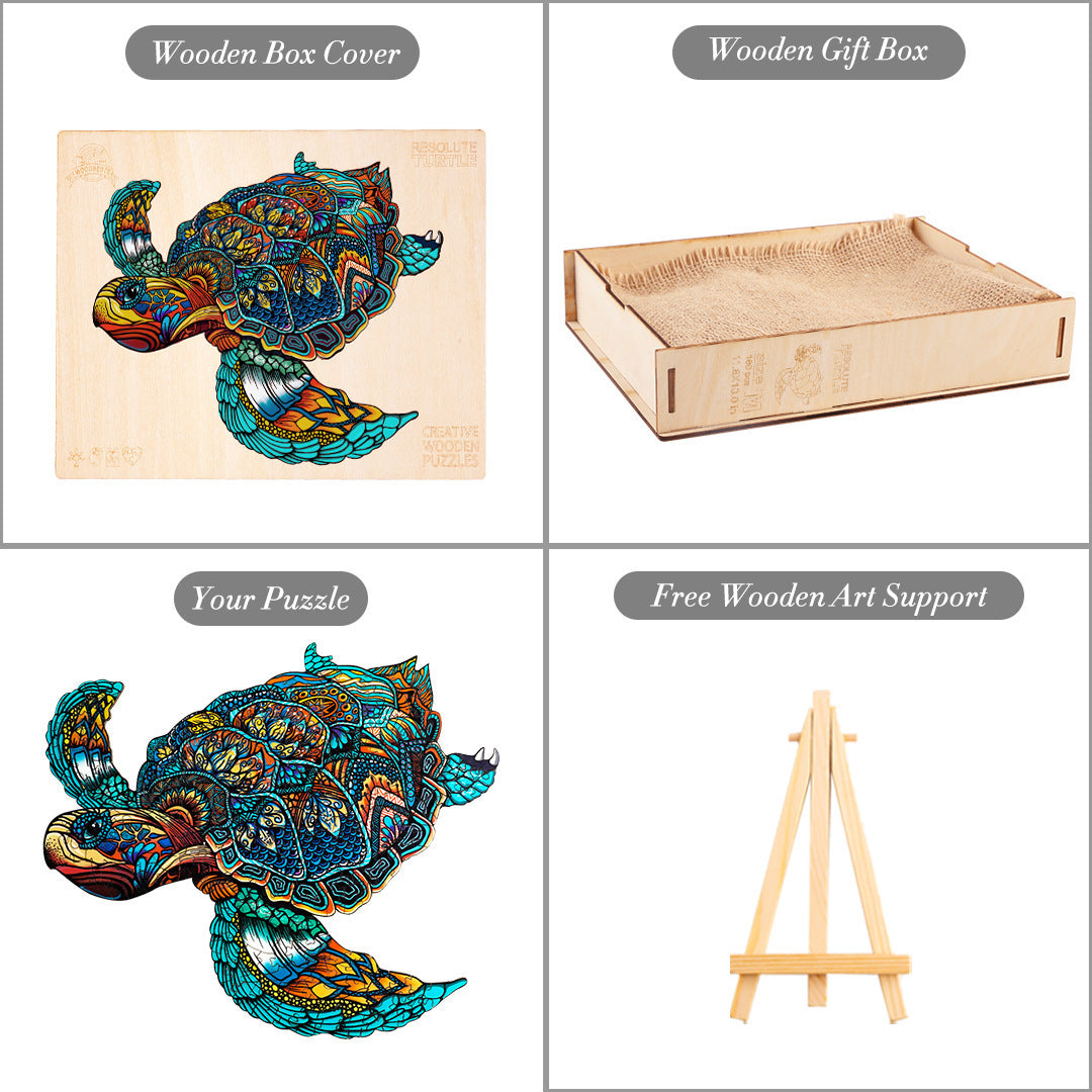 Turtle Wooden Puzzle arts and crafts kit with colorful wooden turtle pieces and wooden gift box by Arts And More