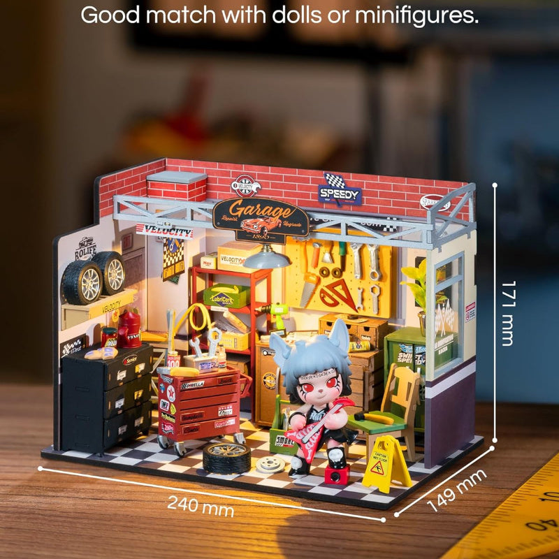 Robotime Rolife Miniature House Kit of a detailed garage scene with tools and accessories for creative play