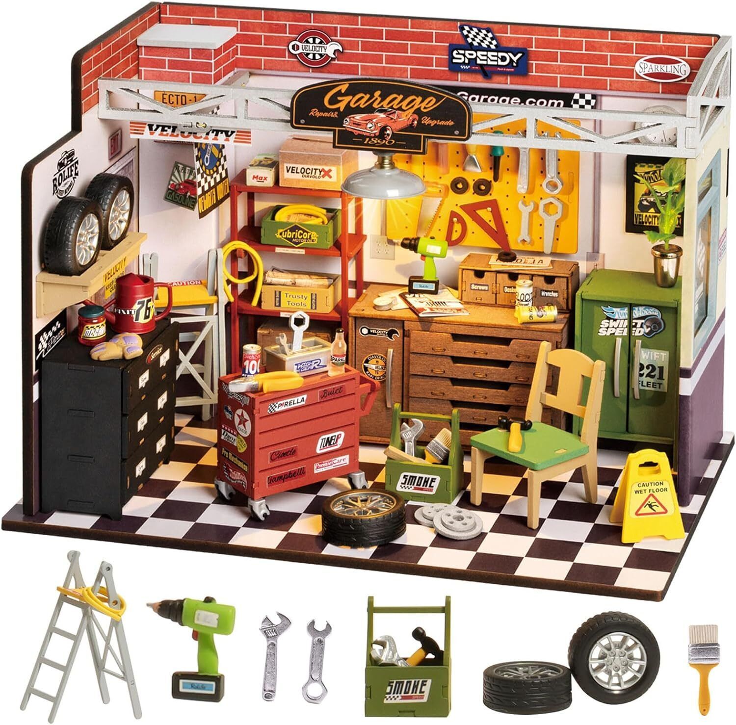 Robotime Rolife Miniature House Kit featuring a detailed garage scene with tools and accessories for craft enthusiasts