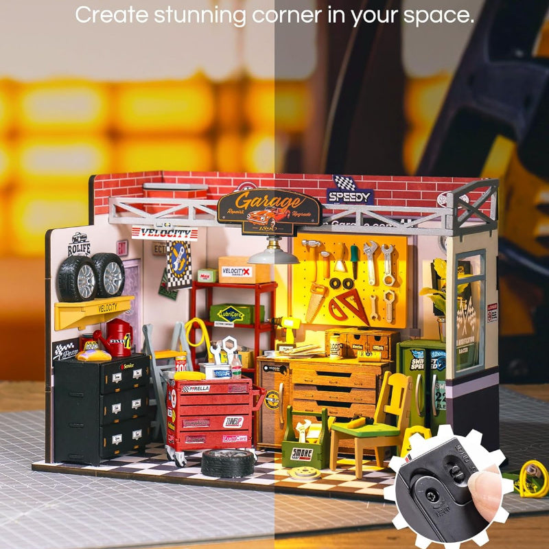 Robotime Rolife Miniature House Kit showcasing a detailed garage interior with tools and decorations