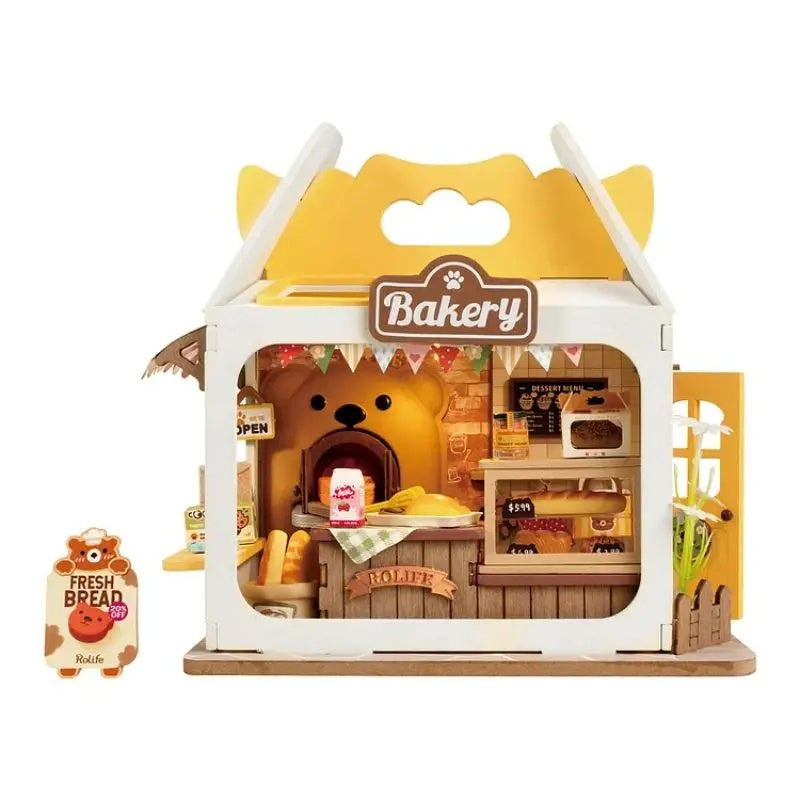 Rolife Food Box Shop DIY Miniature Kit featuring a charming bakery design with detailed accessories