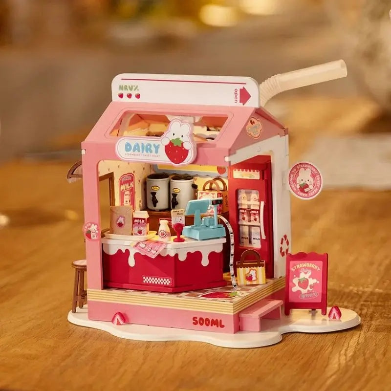 Rolife Food Box Shop DIY Miniature Kit featuring a colorful strawberry-themed dairy shop model