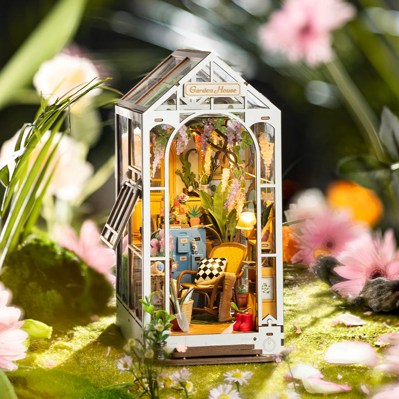 Rolife Garden House Book Nook Kit featuring a colorful miniature greenhouse with cozy decor