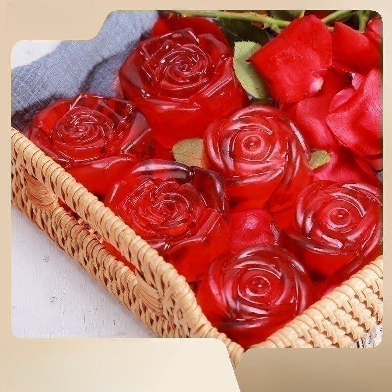 Arts And More Rose Oil Soap shaped like red roses arranged in a woven basket with fresh rose petals