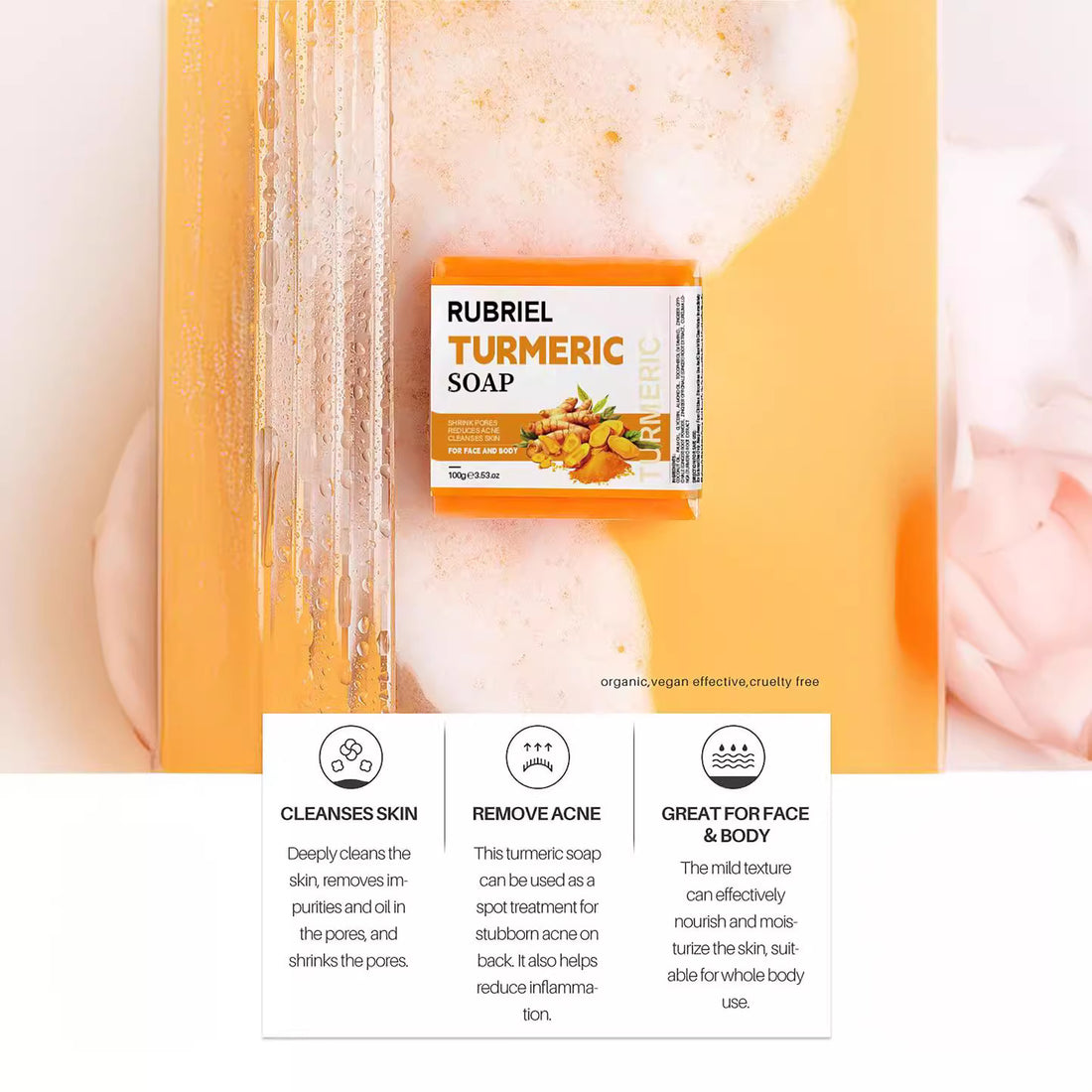 Arts And More Turmeric Soap bar on orange background with foam highlighting skincare benefits