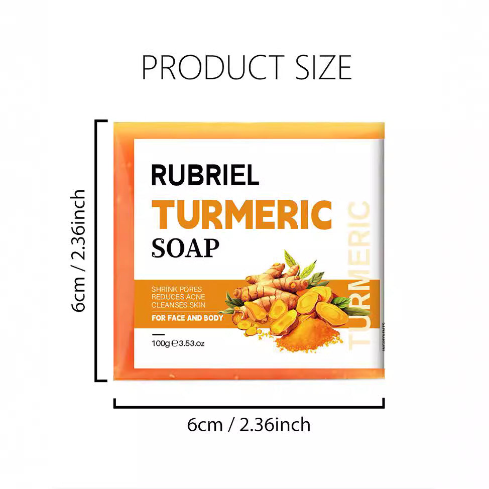Arts And More Turmeric Soap Rubriel 100g bar with turmeric root illustration dimensions 6cm by 6cm