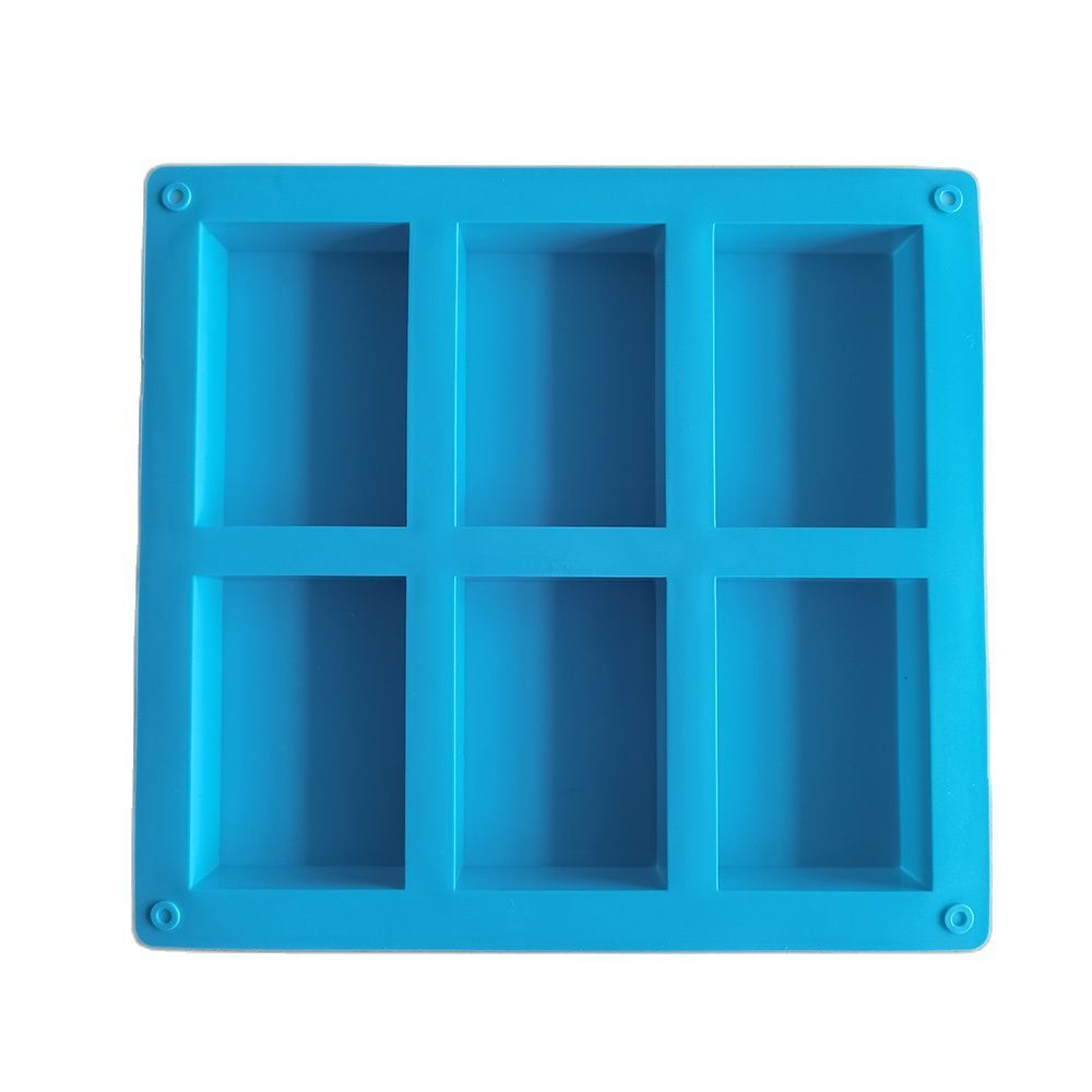 Arts And More Silicone Soap Mold in blue, featuring six rectangular cavities for crafting soap bars