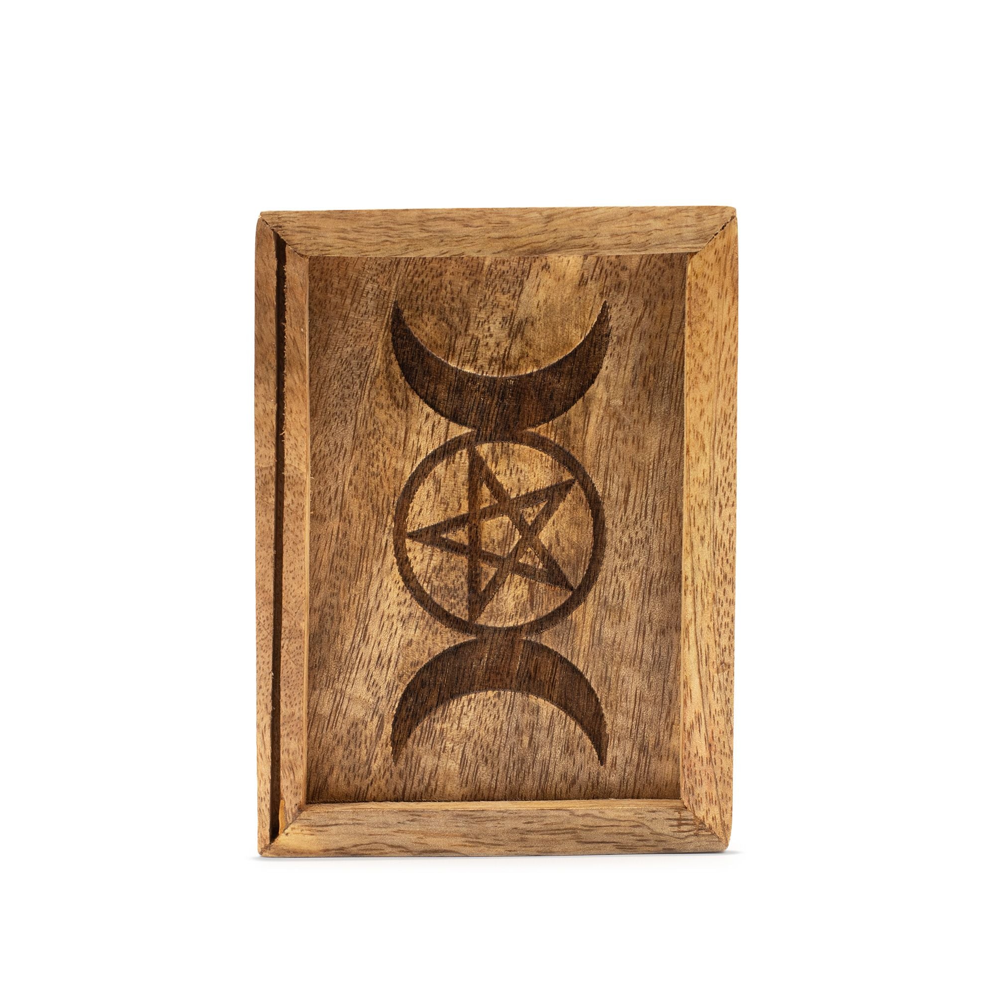 Small Tarot Box in natural wood with crescent moon design