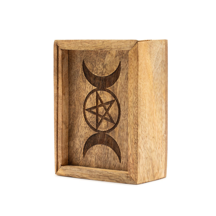 Small Tarot Box in natural wood with engraved moon and star design