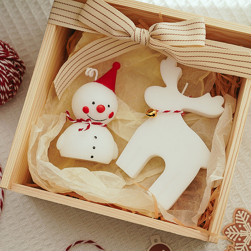 Snowman Candle and Reindeer Decoration in a Gift Box for Holiday Festivities