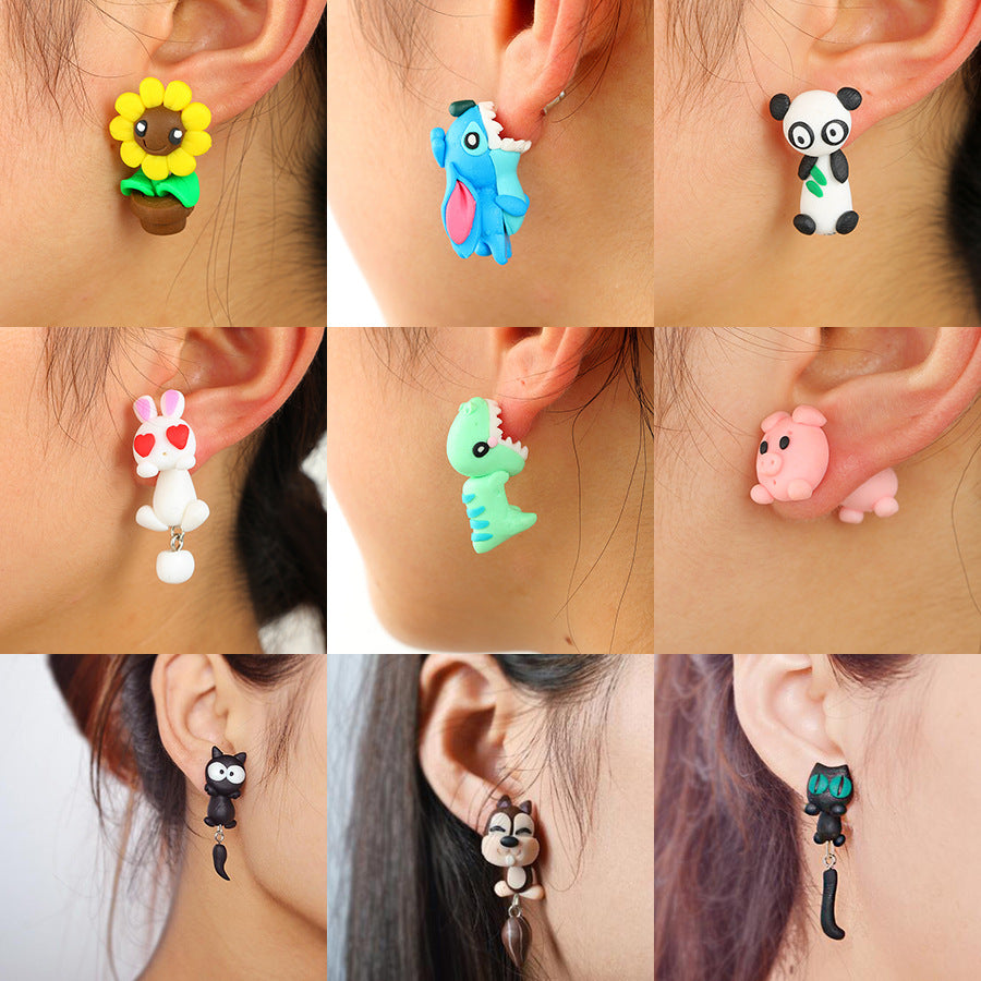 Colorful Soft Clay Earrings by Arts And More featuring sunflower, blue stitch, panda, bunny, dinosaur, pig, black cat, and more designs