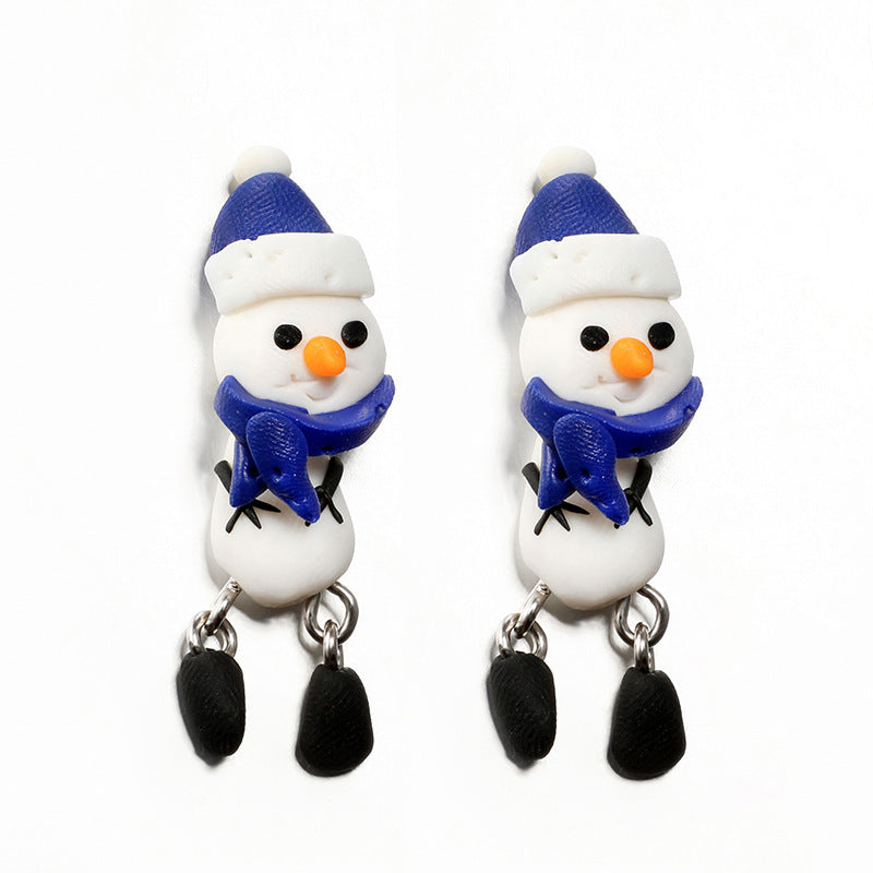 Arts And More Soft Clay Earrings shaped like snowmen with blue hats and scarves