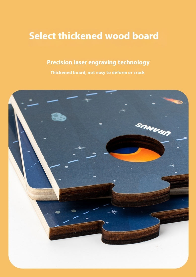 Close-up of thickened wood board pieces from Arts And More Solar System Puzzle kids DIY kit