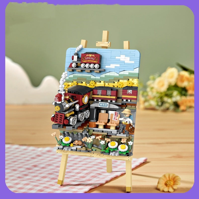 Colorful Stereograph Small Particle Building Blocks Train Set on Display for Creative Arts and Crafts Fun