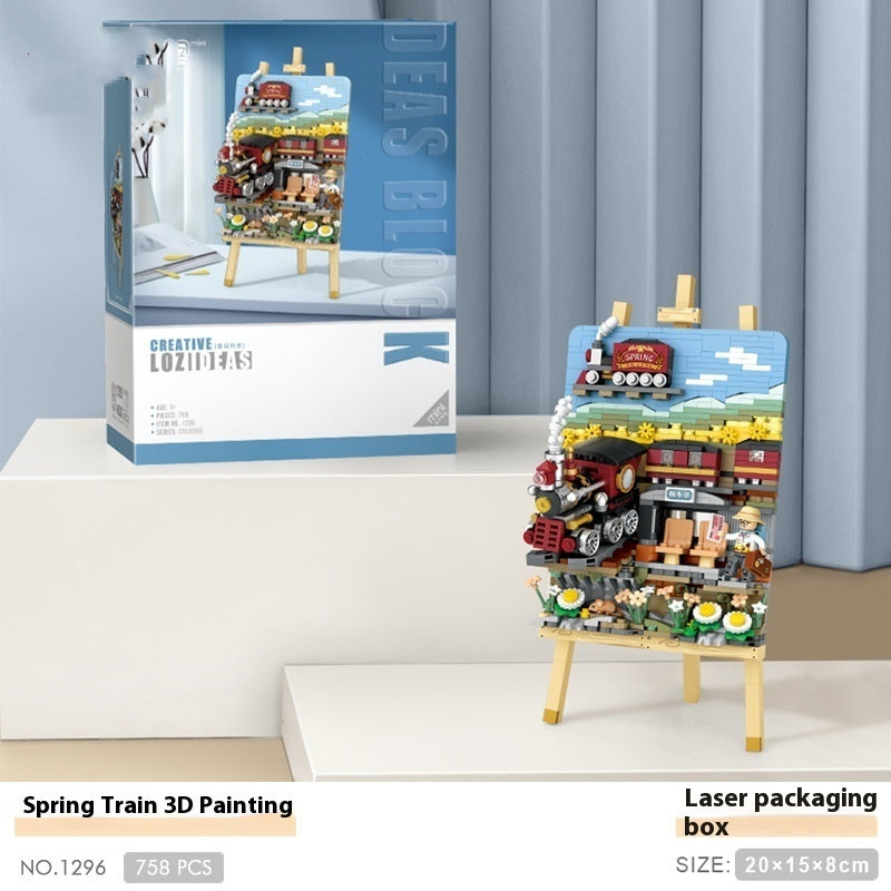 Stereograph Small Particle Building Blocks kit featuring a Spring Train 3D painting with a creative display stand