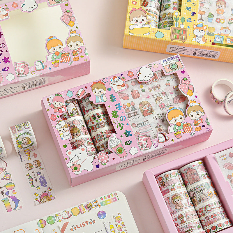 Arts And More Stickers Gift Set with colorful cartoon character stickers and decorative tapes in a pink box
