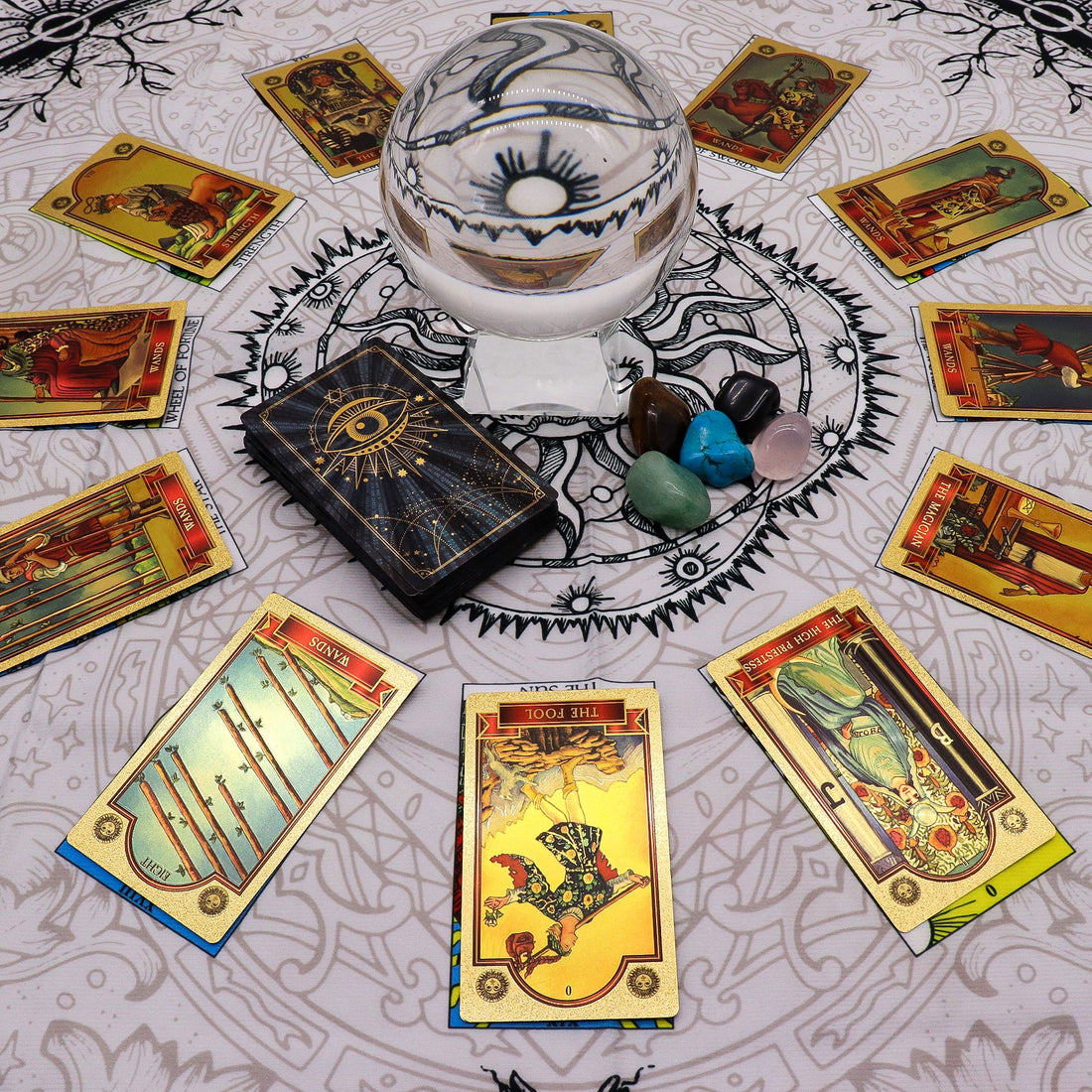 Tarot Reading Cloth - Tree of Life with gold tarot cards for divination